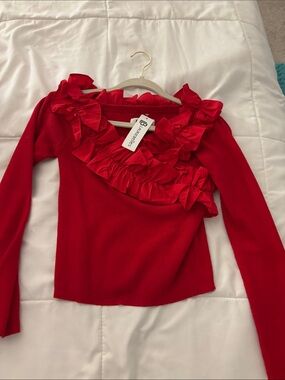 B. Luxurious Red Ruffle Long-Sleeve Blouse